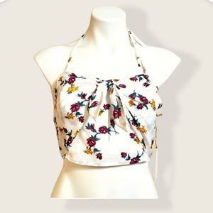 Leith Floral Knotted Tie Cropped Top Size Medium NWT White Women's